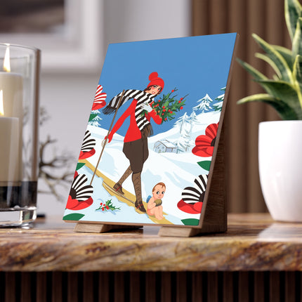 🎿🌿 The Christmas Holly Skier Ceramic Tile – Vintage Holiday Adventure