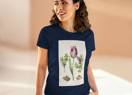 Tulip flower with Two Branches of Myrtle and Shells Cotton Tee