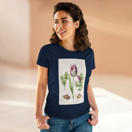 Tulip flower with Two Branches of Myrtle and Shells Cotton Tee