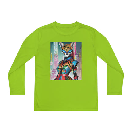 Cyber Cat Glamour Youth Long Sleeve Competitor Tee – Neon Elegance & Futuristic Style