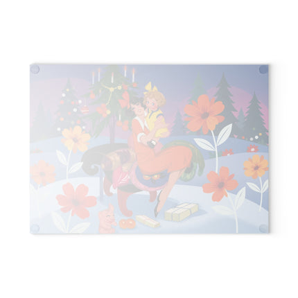 🎄🌸 Christmas Morning Embrace Glass Cutting Board – Whimsical Holiday Fantasy