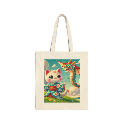 Geisha Kitten and the Dragon Kite Cotton Canvas Tote Bag – Joyful Flight & Dragon Spirit