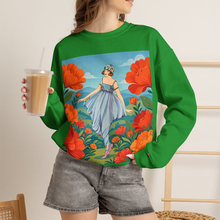🌺🩵 The Poppy Hill Promenade Crewneck Sweatshirt – Art Deco Fashion Whimsy