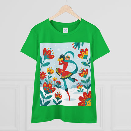 ⛸️🌺 The Winter Flower Skater Cotton Tee – Whimsical Winter Fashion