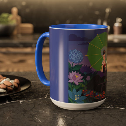 The Lady Of The Moonlit Needlework Colorful Mugs – Art Deco Crafting Elegance