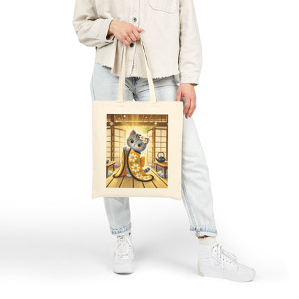 Playful Kitten in the Tea Room Cotton Canvas Tote Bag – Curious Charm & Cozy Whimsy
