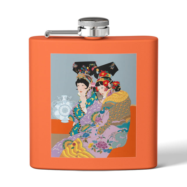 Two Geishas in Peacock Kimonos Flask – Timeless Elegance & Sisterly Grace