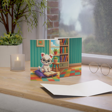🐶📚 The Little Puppy Bookworm Greeting Card – Whimsical Reading Adventure