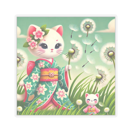 🌾🌼 Geisha Kitten and the Dandelion Wish Kiss-Cut Sticker – Gentle Wishes & Quiet Wonder