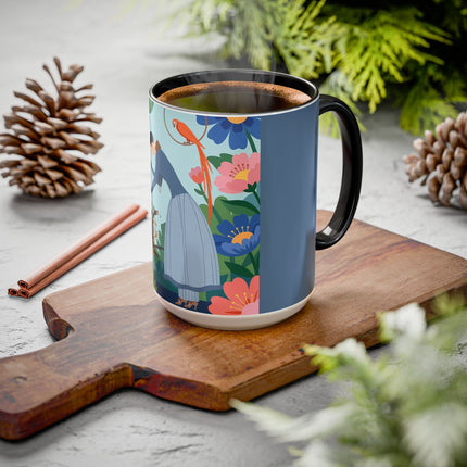 The Lady And The Mysterious Bird Colorful Mugs – Art Deco Botanical Mystery