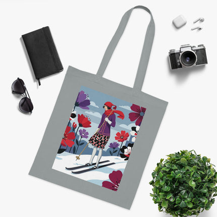 🎿🌺 The Winter Flower Skier Cotton Tote Bag – Art Deco Winter Fantasy