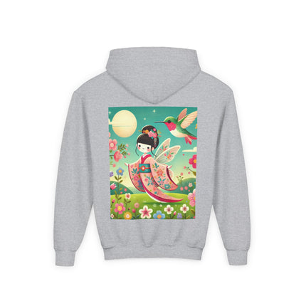 Geisha Fairy and the Hummingbird Blossom Youth Hooded Sweatshirt – Cozy Magic in Bloom