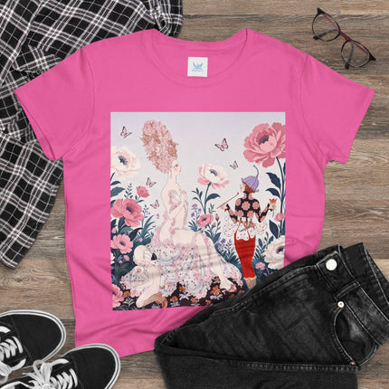 🌸🦋 The Enchanted Rose Garden Encounter Cotton Tee – Art Deco Floral Whimsy