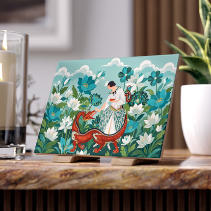 🐉🌿 The Dragon Keeper Ceramic Tile – Art Deco Floral Fantasy