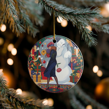 ☃️🎄 The Snowman's Christmas Companion Ceramic Ornament – Art Deco Holiday Fantasy