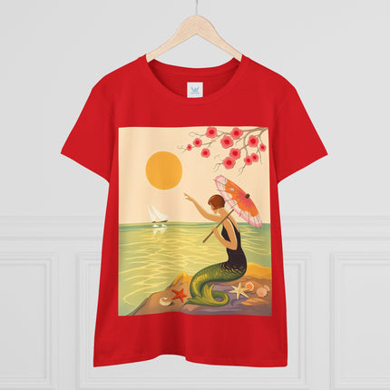 🧜‍♀️🌸 The Mermaid Beneath The Blossoms Cotton Tee – Art Deco Seaside Fantasy