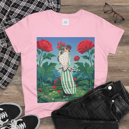 🌹🌿 The Scarlet Rose Garden Cotton Tee – Art Deco Floral Whimsy