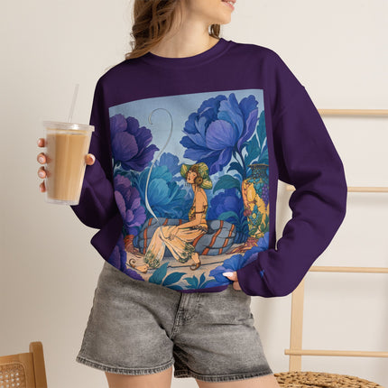 💙🌸 The Lady Among The Blue Blossoms Crewneck Sweatshirt – Art Deco Floral Reverie