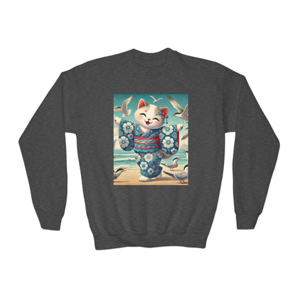 Geisha Kitten by the Seaside Youth Crewneck Sweatshirt – Coastal Charm, Joy & Whimsical Elegance