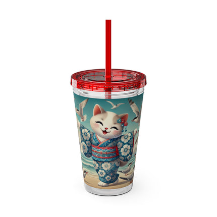 Geisha Kitten by the Seaside Sunsplash Tumbler with Straw, 16oz