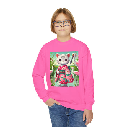 Geisha Kitten Strolls Among the Spoonbills Youth Crewneck Sweatshirt – Grace, Nature & Whimsical Elegance