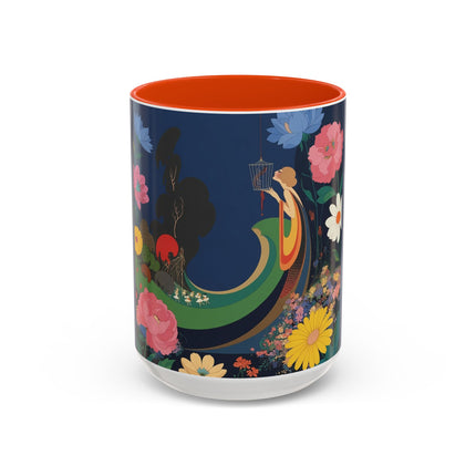 The Lady And The Crimson Moonbird Colorful Mugs – Art Deco Whimsical Garden Elegance
