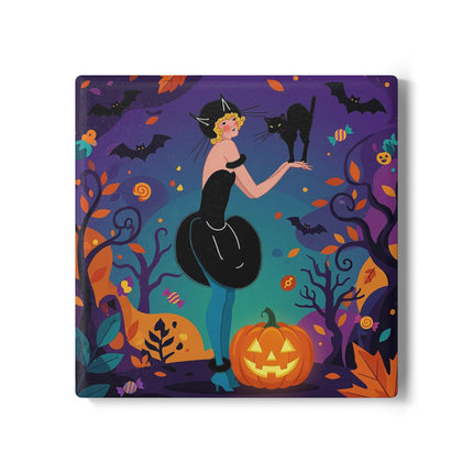 🐈‍⬛🎃 The Midnight Black Cat Masquerade Ceramic Coaster – Whimsical Halloween Elegance