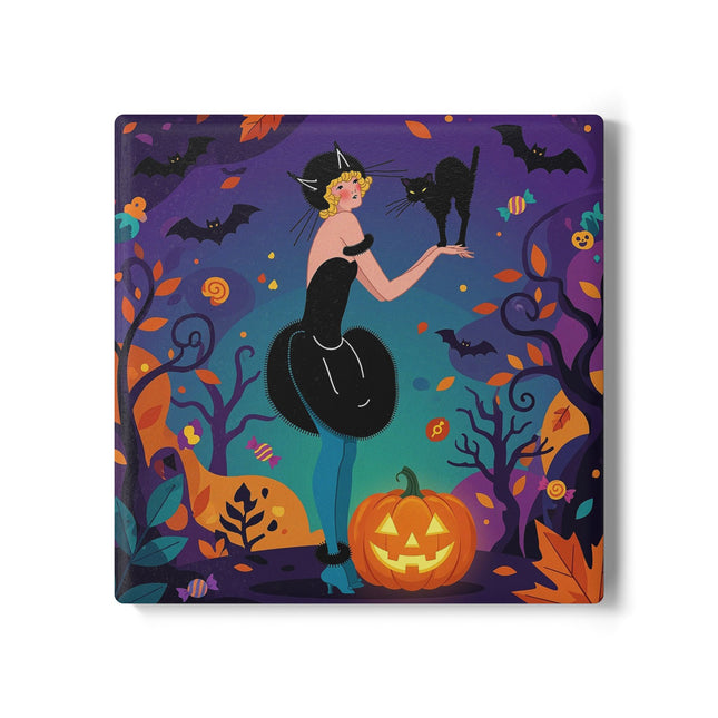 🐈‍⬛🎃 The Midnight Black Cat Masquerade Ceramic Coaster – Whimsical Halloween Elegance