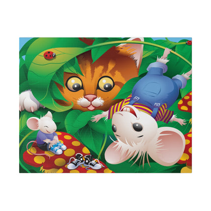 Whimsical Adventure – Playful Cat and Mice in a Colorful Forest