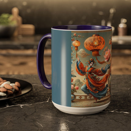 Golden Dragon & Lantern Lady Colorful Mug – Imperial Dragon & Elegant Harmony