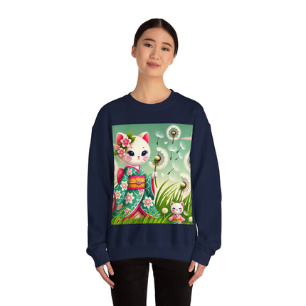 Geisha Kitten and the Dandelion Wish Heavy Blend™ Crewneck Sweatshirt