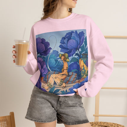 💙🌸 The Lady Among The Blue Blossoms Crewneck Sweatshirt – Art Deco Floral Reverie