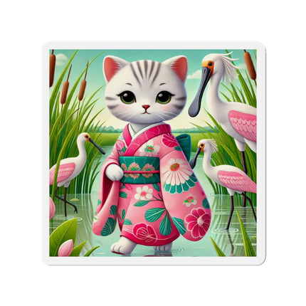 Geisha Kitten Strolls Among the Spoonbills Die-Cut Magnets (5 Sizes)