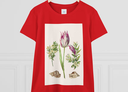 Tulip flower with Two Branches of Myrtle and Shells Cotton Tee