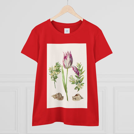 Tulip flower with Two Branches of Myrtle and Shells Cotton Tee
