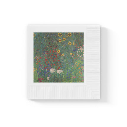 Farm Garden with Sunflowers by Gustav Klimt White Coined Napkins