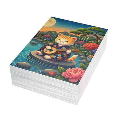 🌕🎸 The Moonlight Koi Serenade Kitten Greeting Card – Whimsical Japanese Garden