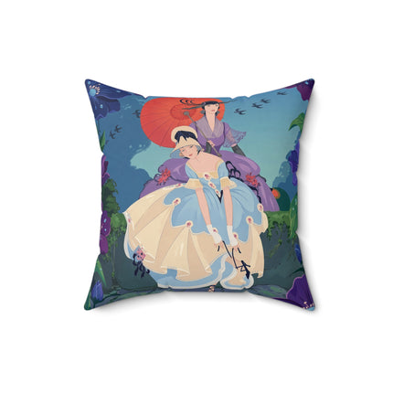 👒🌺 The Ladies Of The Enchanted Garden Stroll Square Pillow – Art Deco Floral Elegance
