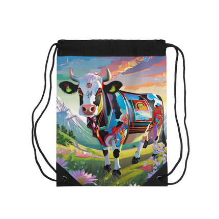Cyber Glitch Cow Drawstring Bag