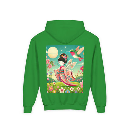 Geisha Fairy and the Hummingbird Blossom Youth Hooded Sweatshirt – Cozy Magic in Bloom