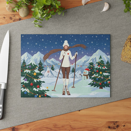 🎿🎄 The Christmas Mountain Skier Glass Cutting Board – Art Deco Winter Holiday Adventure