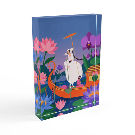 🪷🛶 The Lady Of The Lotus Lake Acrylic Art Block – Art Deco Botanical Fantasy