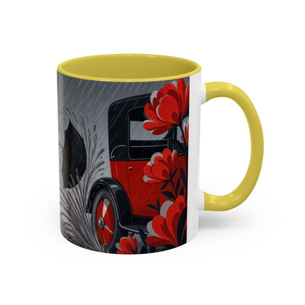 ☔🌹 The Scarlet Rainstorm Promenade Colorful Mug – Art Deco Motoring Elegance