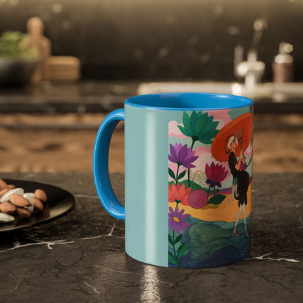 The Lady Of The Coral Parasol Colorful Mugs – Art Deco Coastal Elegance