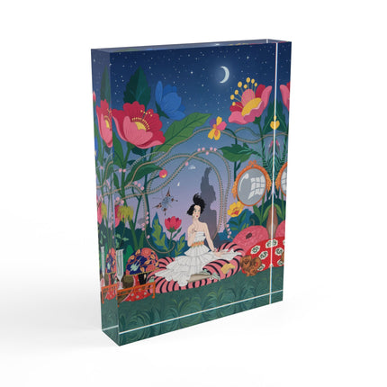 🌙🌺 The Midnight Garden Reverie Acrylic Art Block – Art Deco Botanical Whimsy