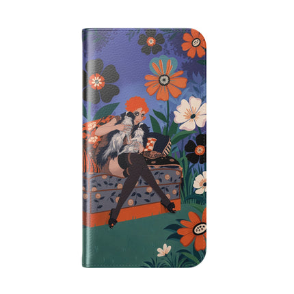 🌺🐈 The Lady Of The Midnight Garden Cat Flip Case – Art Deco Floral Fantasy