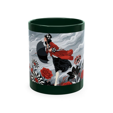 ☂️🌹 The Lady In The Windy Rose Garden Ceramic Mug – Art Deco Fashion Whimsy