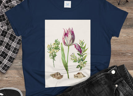 Tulip flower with Two Branches of Myrtle and Shells Cotton Tee