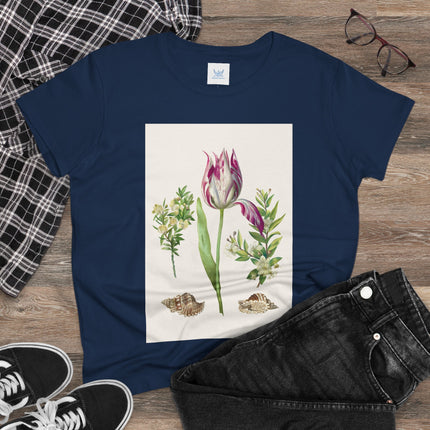 Tulip flower with Two Branches of Myrtle and Shells Cotton Tee