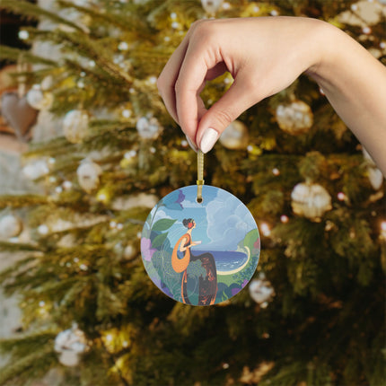 🌊📖 The Lady And The Sea Breeze Glass Ornament – Art Deco Coastal Serenity